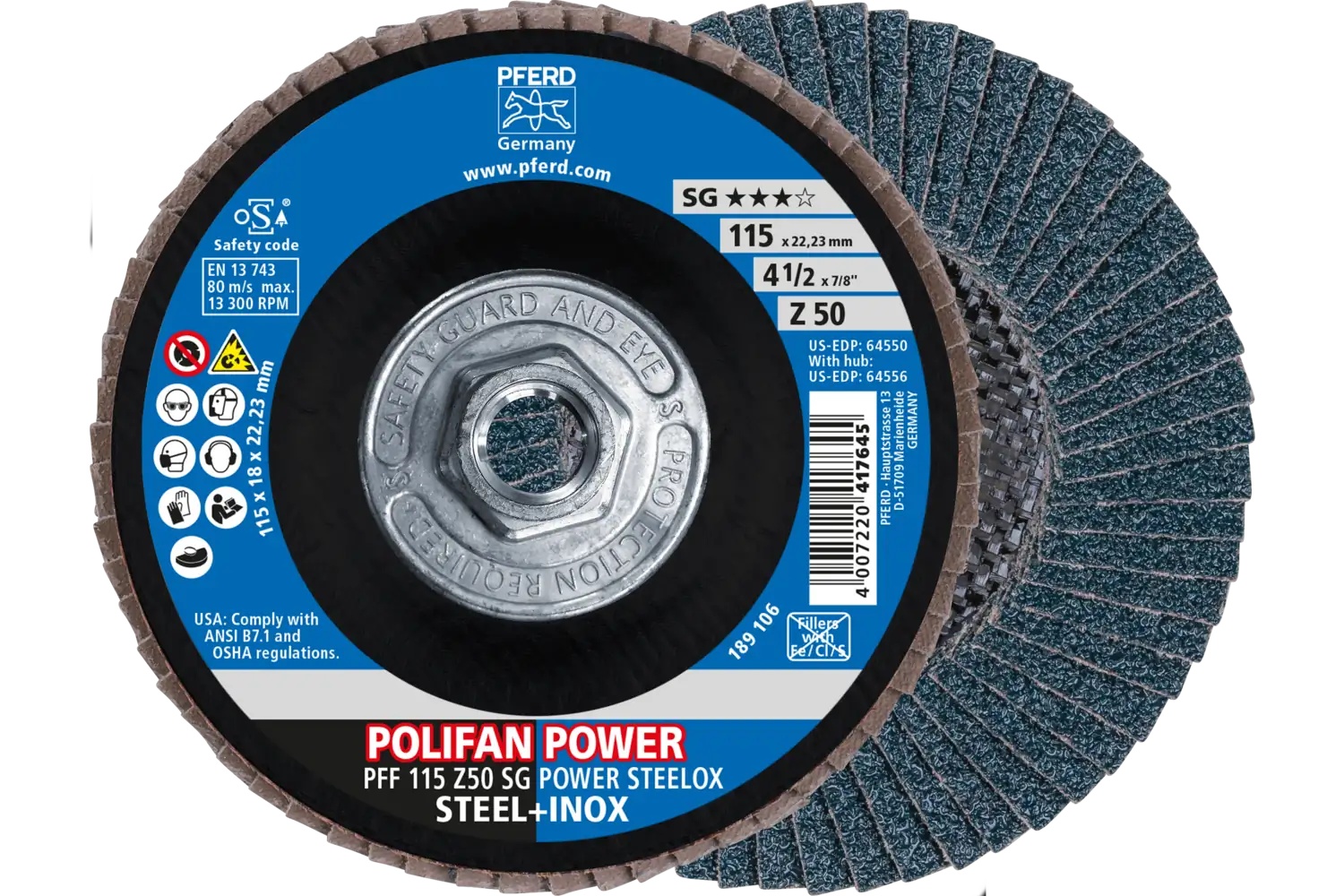 Picture of Pferd Flap Disc, 4-1/2" x 5/8-11, Z SG Power Steelox, 50 Grit, T27, Flat, Zirconia